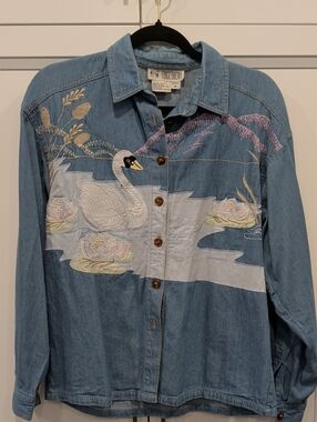 Together Light Blue Denim Button-Up Shirt with Swan & Waterlily Embroidery